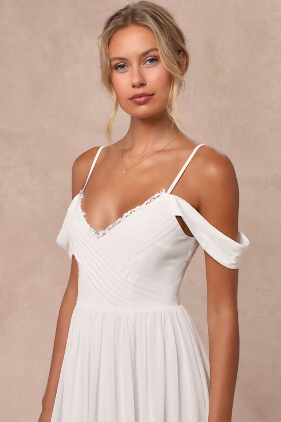 Marcelyn White Pleated Cold-Shoulder Maxi Dress