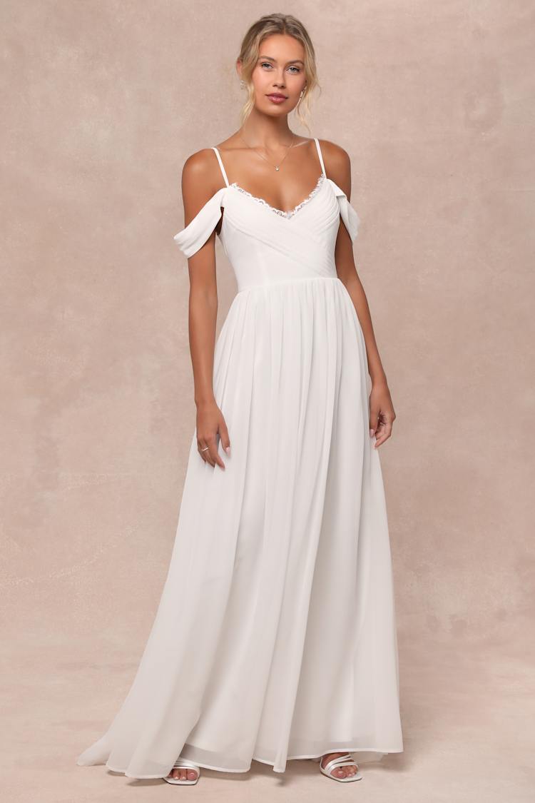 Marcelyn White Pleated Cold-Shoulder Maxi Dress