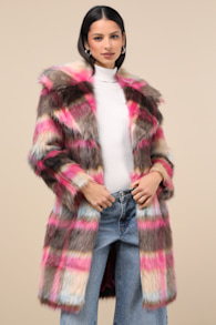 Fancy Brown and Fuchsia Plaid Faux Fur Coat 5