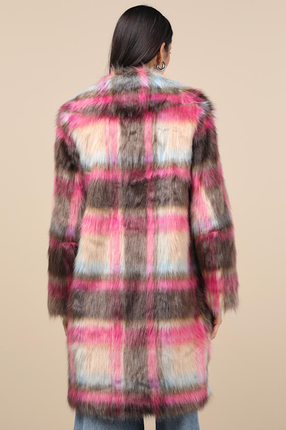 Fancy Brown and Fuchsia Plaid Faux Fur Coat 6