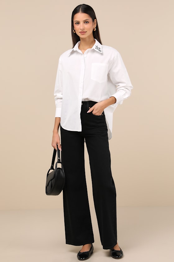 Daisy Street Chic Flourishment White Embroidered Button-up Top In White