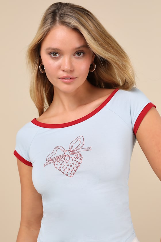 Motel Bitha Top - Light Blue Graphic Tee - Boat Neck Tee - Tee - Lulus