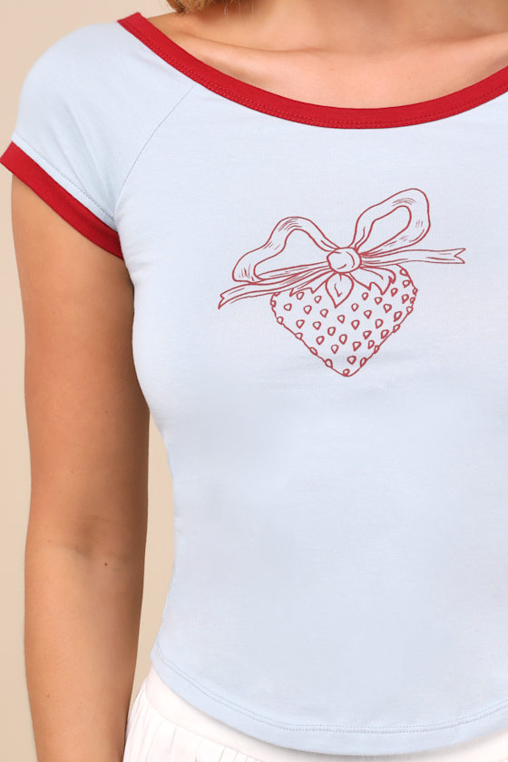 Motel Strawberry Motif Ringer Baby T-shirt In Blue And Red In Light Blue