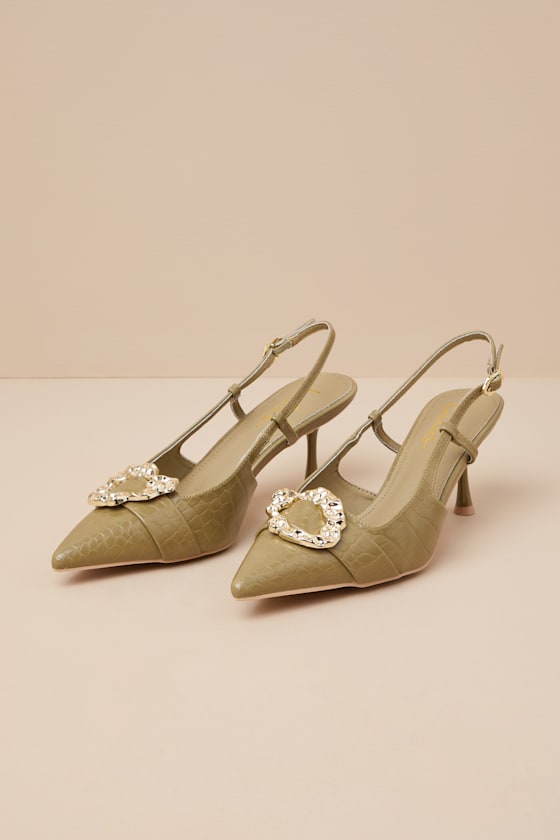 Artigan Green Tea Croc-Embossed Slingback Pumps 2