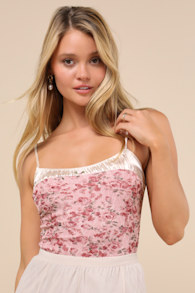 Truly A Sweetheart Pink Floral Lace Cami Bodysuit