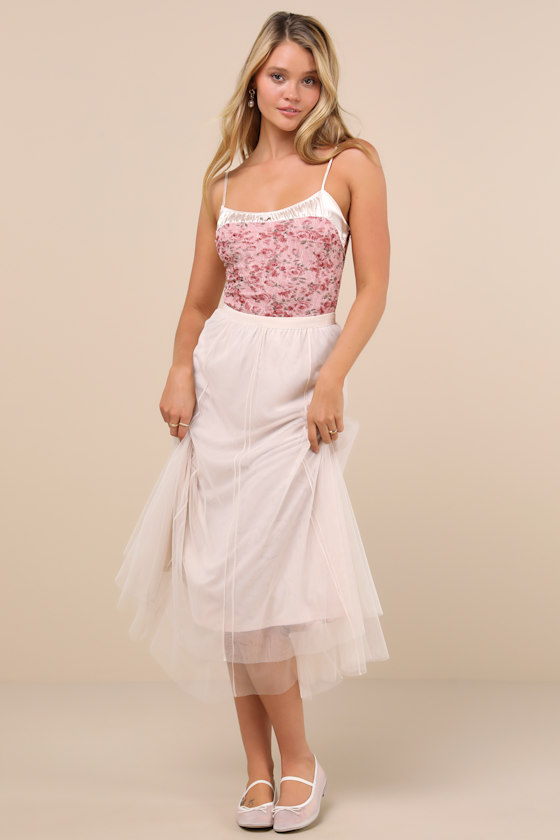 LULUS TRULY A SWEETHEART PINK FLORAL LACE CAMI BODYSUIT