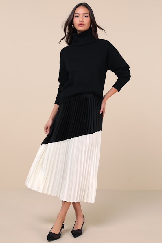 Lulus Chic Rarity Black And Ivory Color Block Satin Pleated Midi Skirt In Black And Ivory