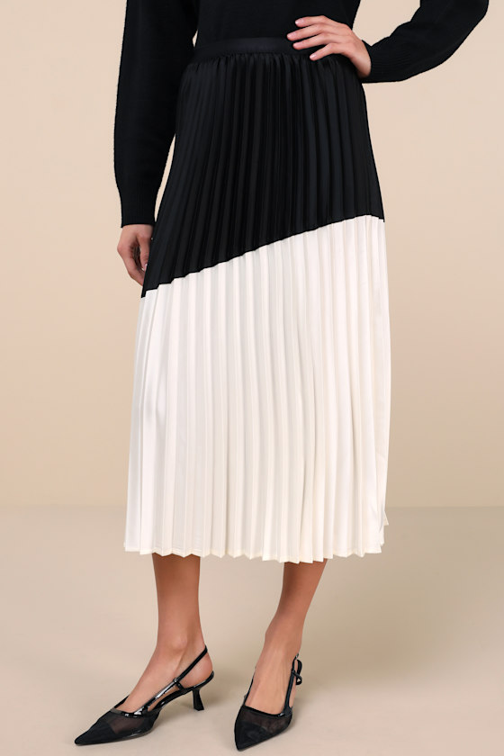 Lulus Chic Rarity Black And Ivory Color Block Satin Pleated Midi Skirt In Black And Ivory