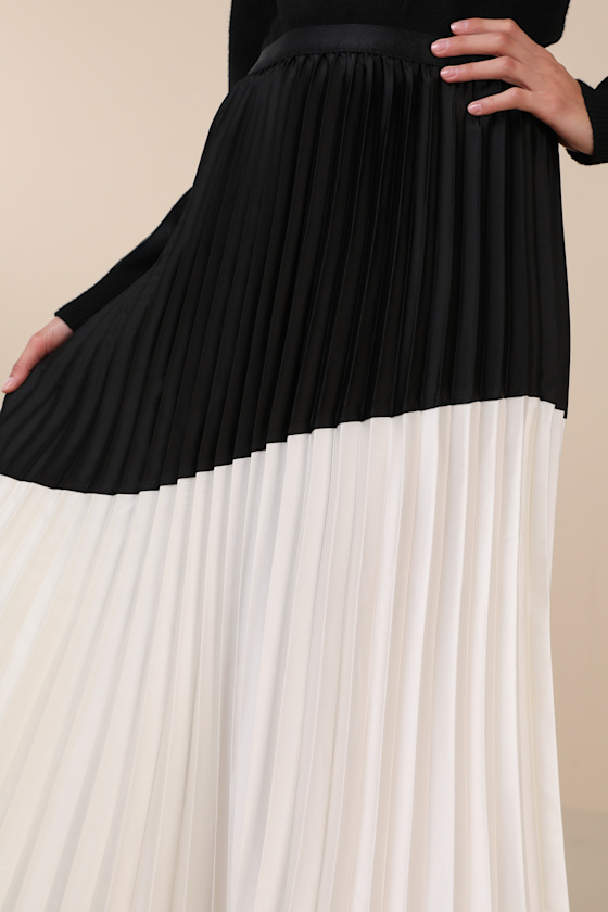 Lulus Chic Rarity Black And Ivory Color Block Satin Pleated Midi Skirt In Black And Ivory