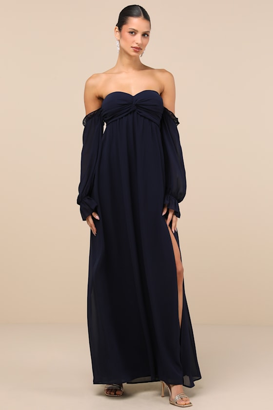 Glorious Invite Navy Blue Knotted Off-the-Shoulder Maxi Dress 3