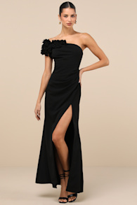 Beyond Elegant Black 3D Floral One-Shoulder Maxi Dress 5