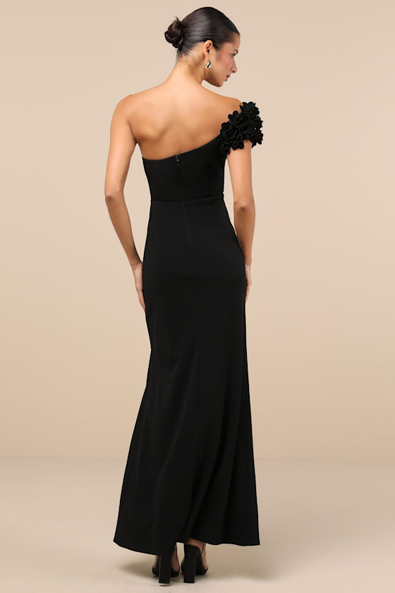 Lulus Beyond Elegant Black 3d Floral One-shoulder Maxi Dress In Black