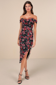 Idyllic Beauty Black Floral Off-The-Shoulder Midi Dress