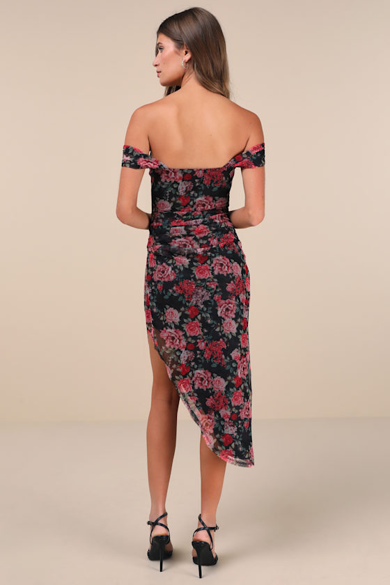 Lulus Idyllic Beauty Black Floral Off-the-shoulder Midi Dress In Black