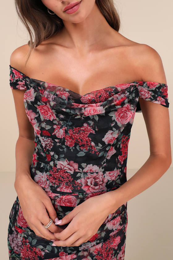 Lulus Idyllic Beauty Black Floral Off-the-shoulder Midi Dress In Black