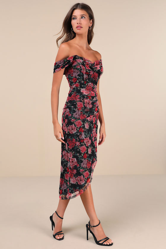 Lulus Idyllic Beauty Black Floral Off-the-shoulder Midi Dress In Black