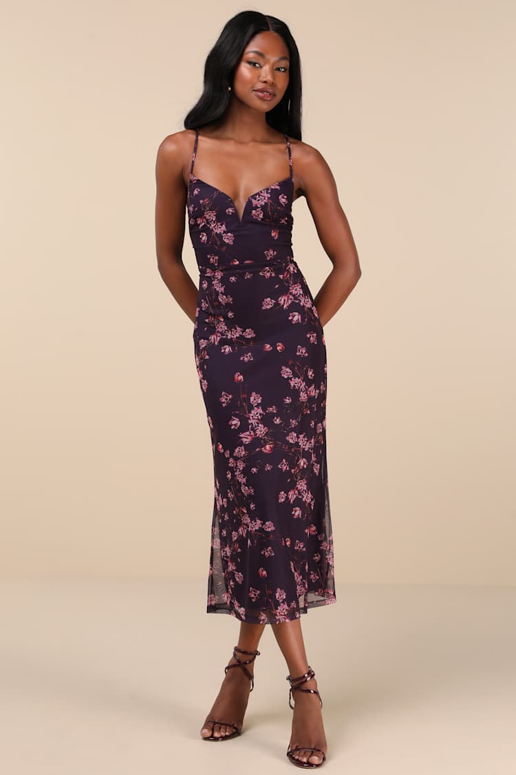 strapless open back dress Fate: Find Your Love Plum Purple Floral Midi Dress – Shop the Mint main image 0