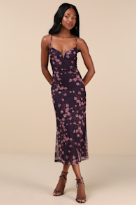 Total Crush Purple Floral Print Mesh Lace-Up Midi Dress 1