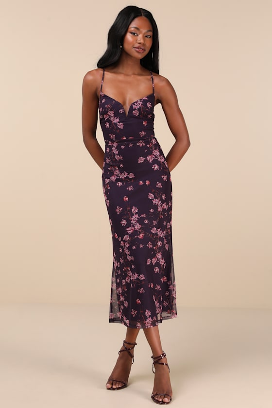 Total Crush Purple Floral Print Mesh Lace-Up Midi Dress 1