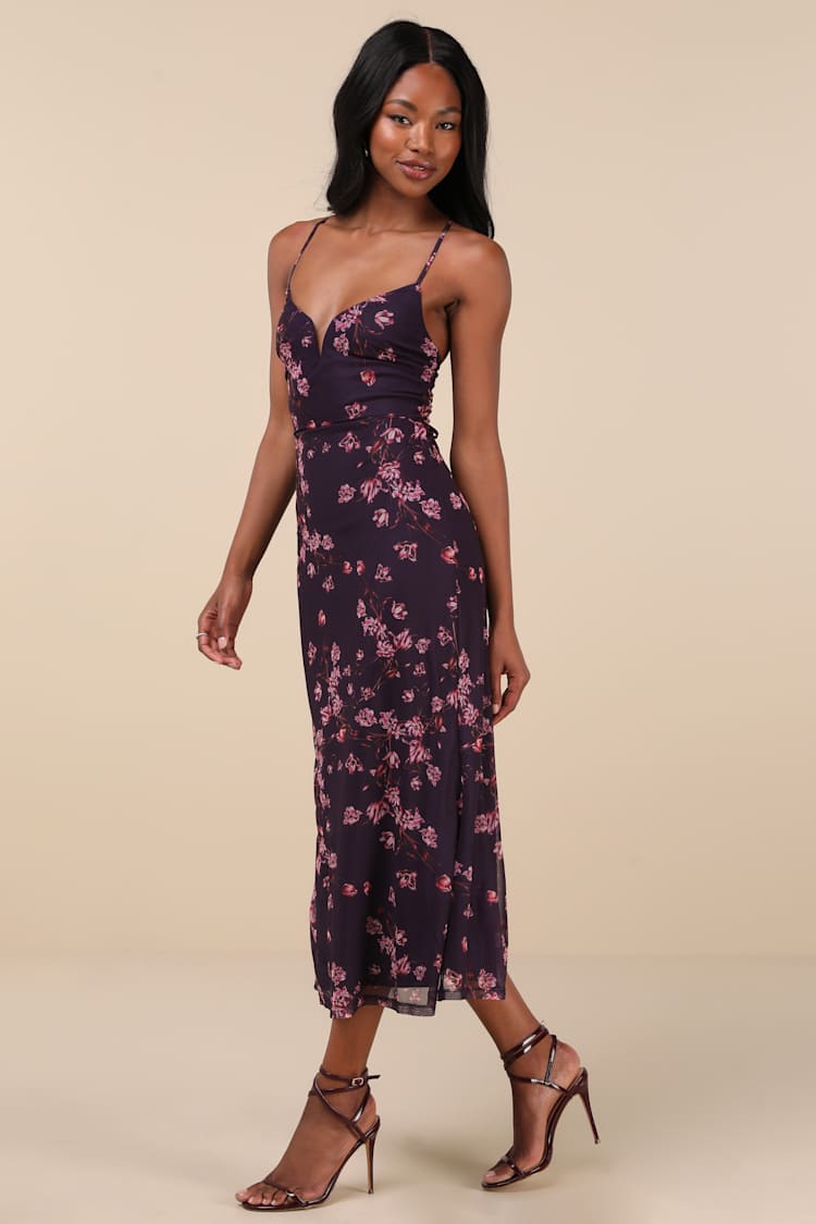 Total Crush Purple Floral Print Mesh Lace-Up Midi Dress