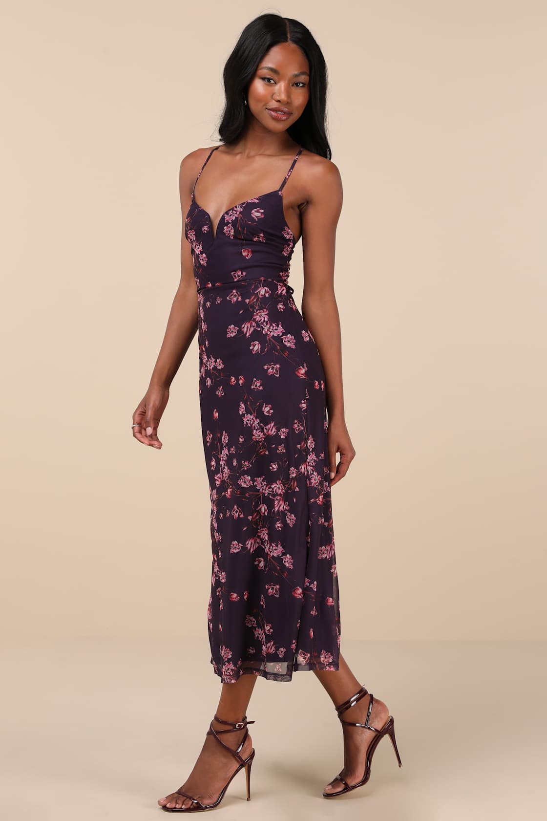 Total Crush Purple Floral Print Mesh Lace-Up Midi Dress