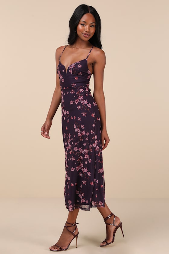 Total Crush Purple Floral Print Mesh Lace-Up Midi Dress 2