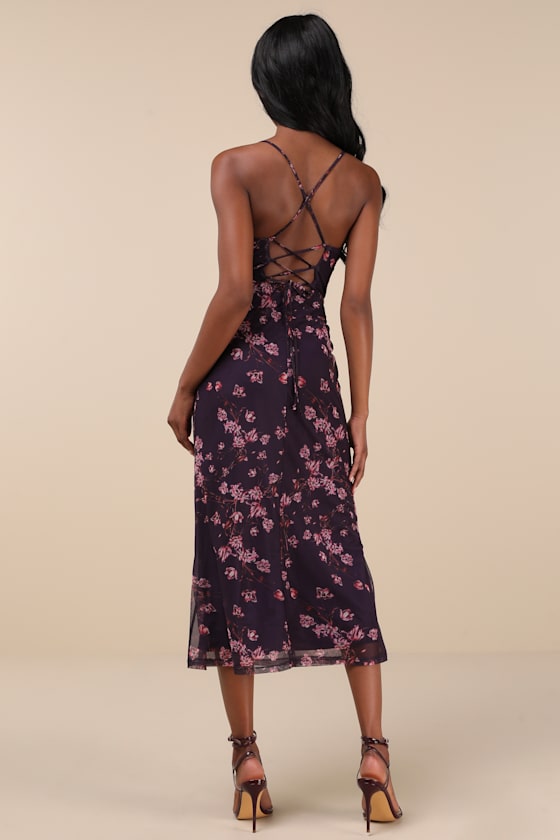 Lulus Total Crush Purple Floral Print Mesh Lace-up Midi Dress In Purple
