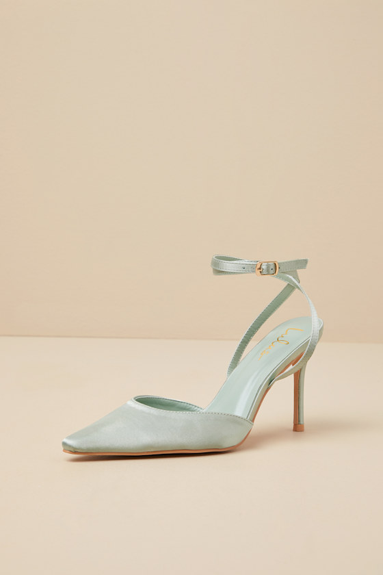 Lulus Auberron Sage Satin Ankle Strap Pumps In Green