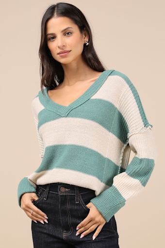 Notably Toasty Green Striped Sweater 4