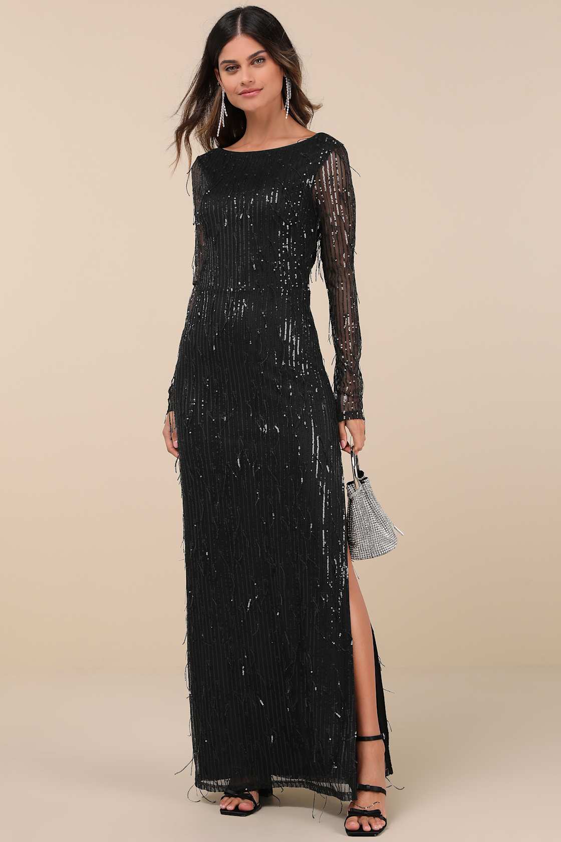 Glittery Devotion Black Sequin Fringe Maxi Dress