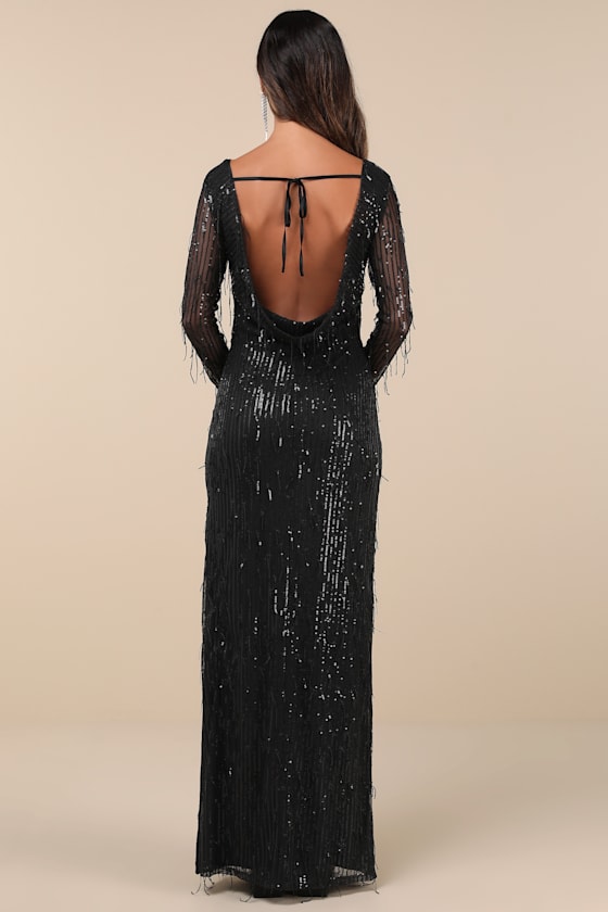 Lulus Glittery Devotion Black Sequin Fringe Maxi Dress In Black