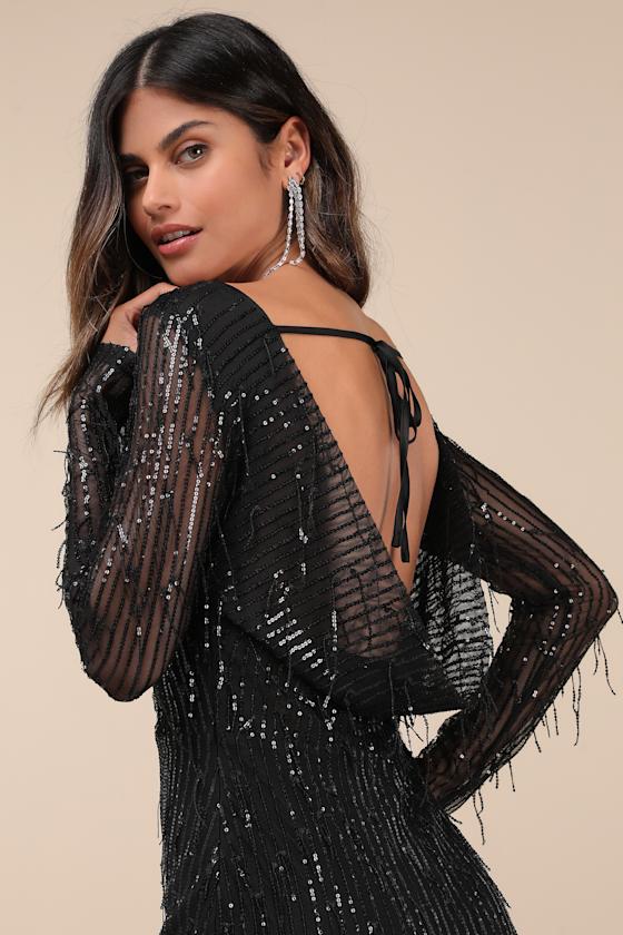 Lulus Glittery Devotion Black Sequin Fringe Maxi Dress In Black