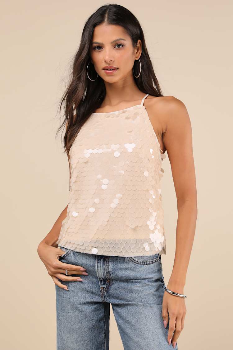 Radiantly Demure Cream Paillette Sequin Backless Tank Top