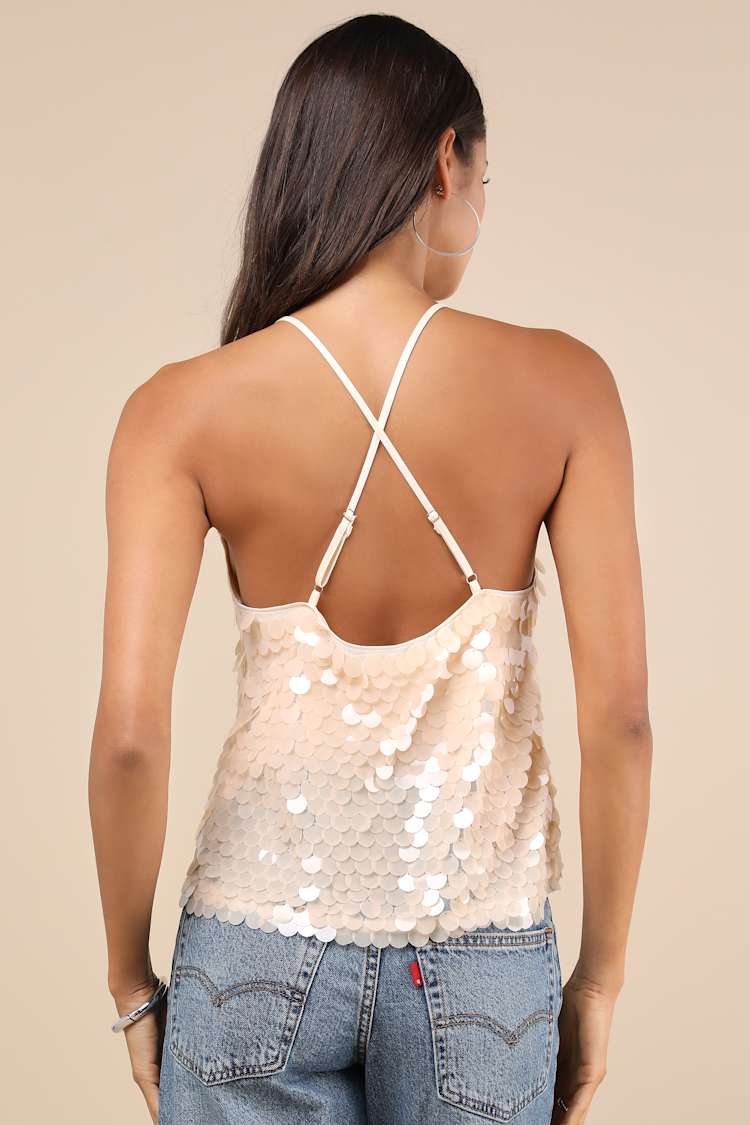 Radiantly Demure Cream Paillette Sequin Backless Tank Top