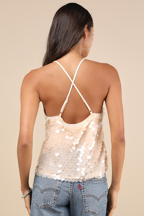 Radiantly Demure Cream Paillette Sequin Backless Tank Top 3