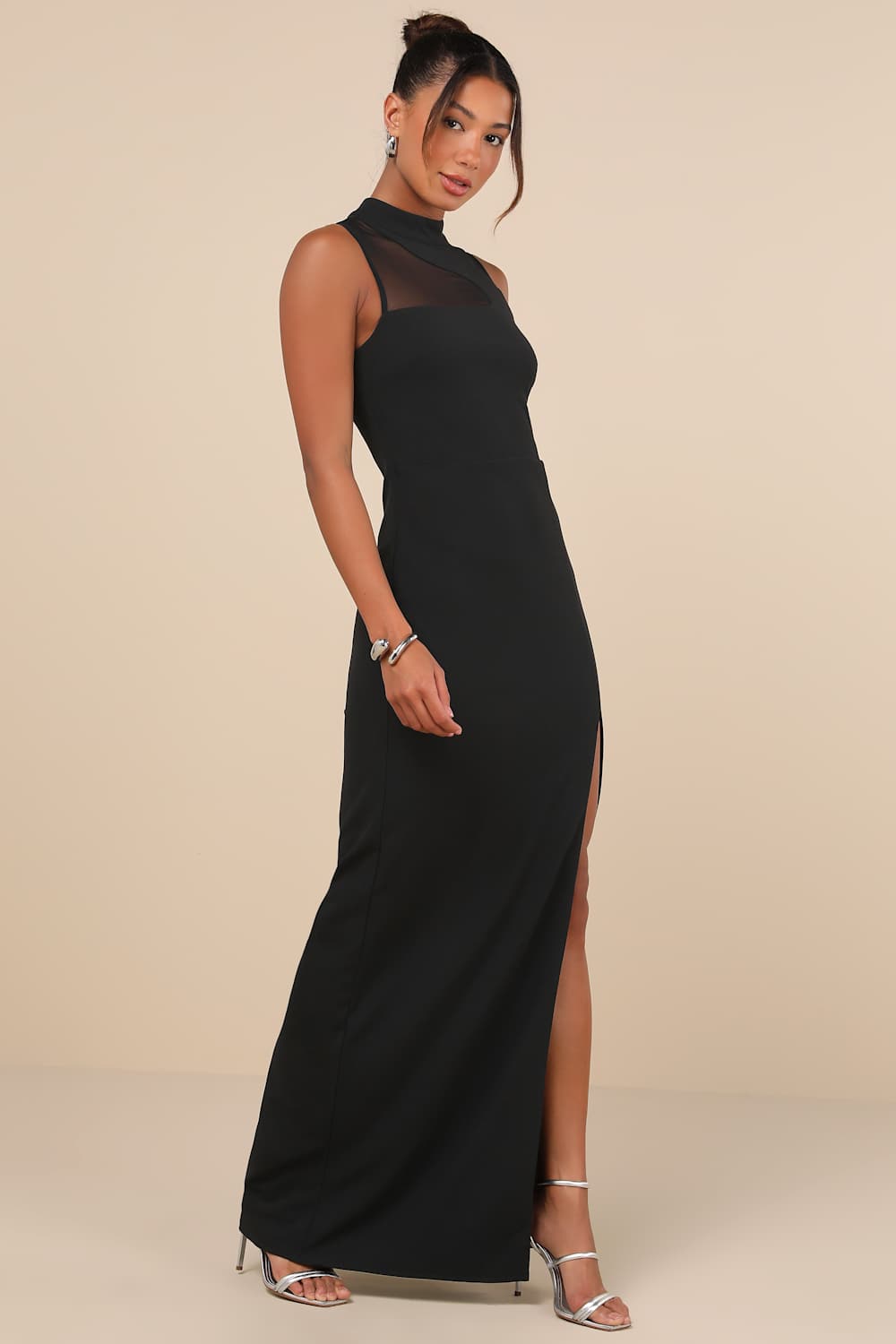 Irresistibly Modern Black Mesh Mock Neck Maxi Dress