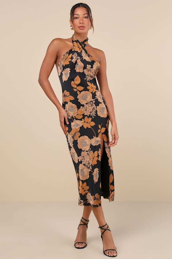 Image of Beyond Classy Black Floral Satin Halter Midi Dress