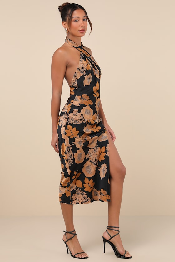 Image of Beyond Classy Black Floral Satin Halter Midi Dress