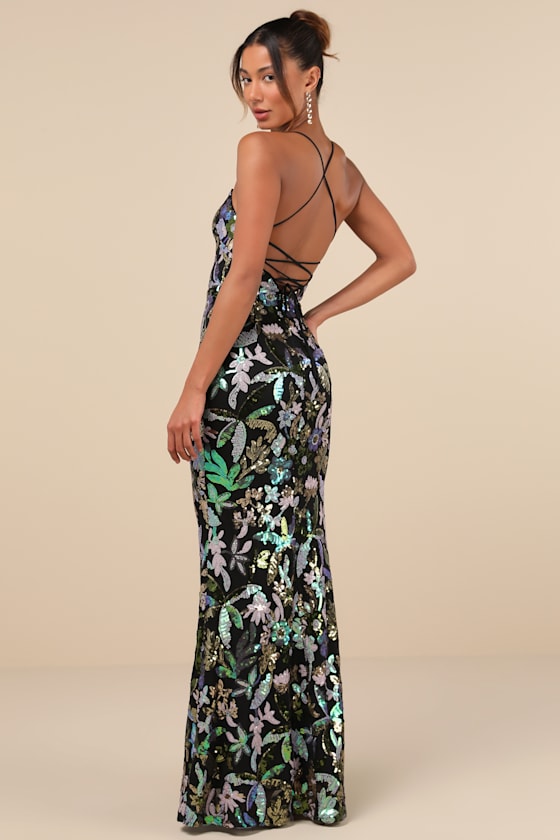 Lulus Glittering Icon Black Iridescent Sequin Lace-up Maxi Dress In Black