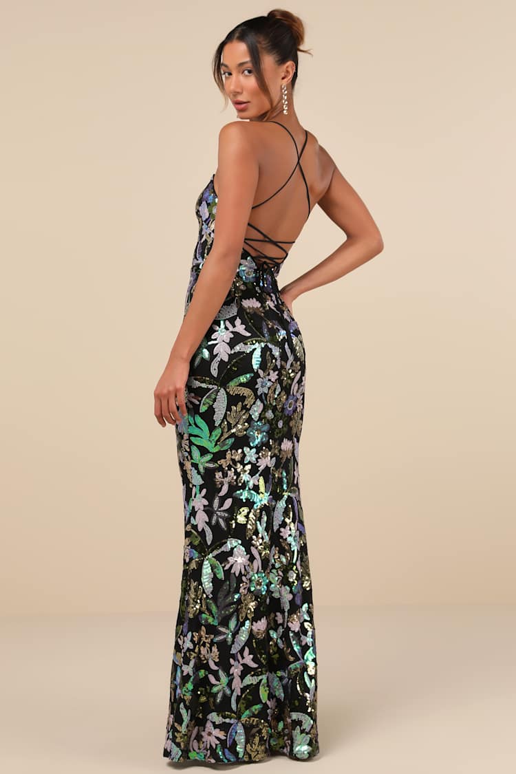 Glittering Icon Black Iridescent Sequin Lace-Up Maxi Dress