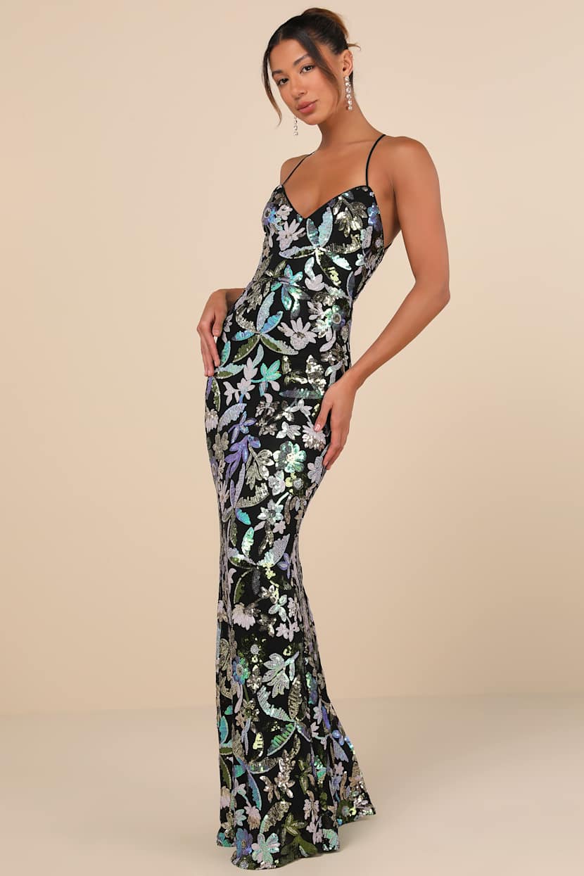 Glittering Icon Black Iridescent Sequin Lace-Up Maxi Dress