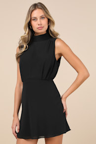 Classic Elegance Black Chiffon Sleeveless Mock Neck Mini Dress 2