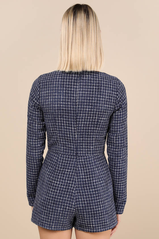 Lulus Cultivated Poise Navy Blue Tweed Romper In Navy Blue