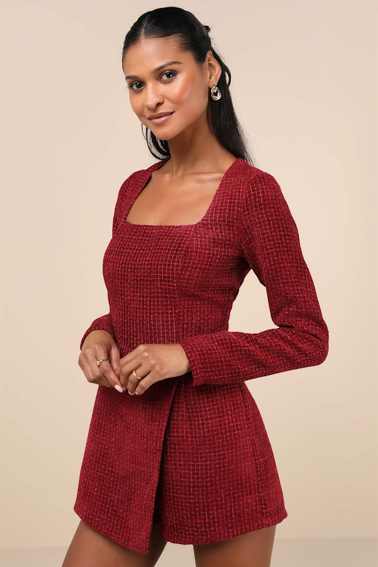 Burgundy Tweed Romper - Long Sleeve Romper - Skort Romper