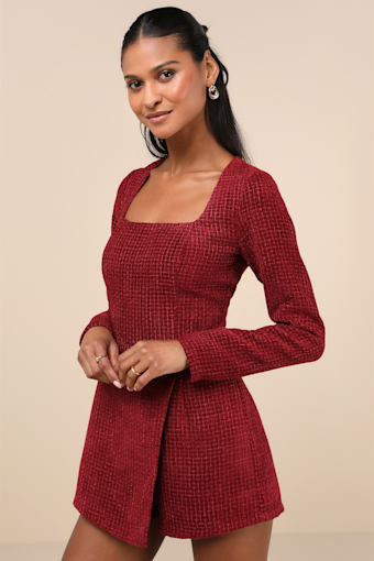 Cultivated Poise Burgundy Tweed Romper 1