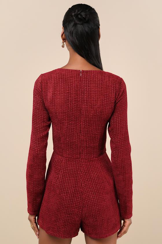 Lulus Cultivated Poise Burgundy Tweed Romper In Burgundy