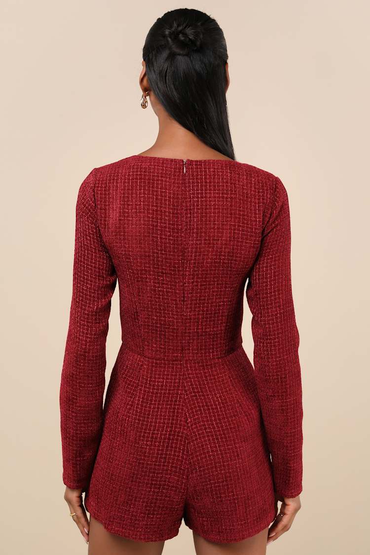 Cultivated Poise Burgundy Tweed Romper