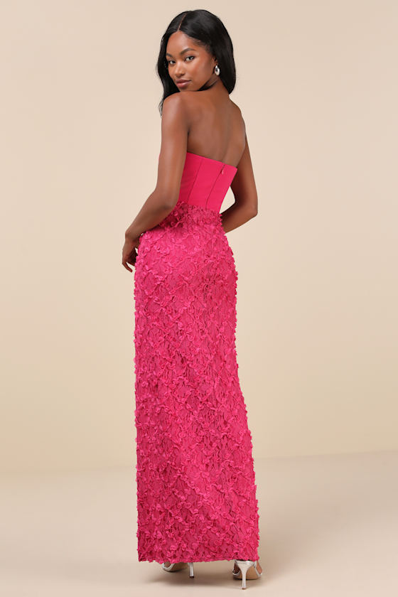 Lulus Ravishing Appeal Fuchsia 3d Floral Applique Strapless Maxi Dress In Fuchsia