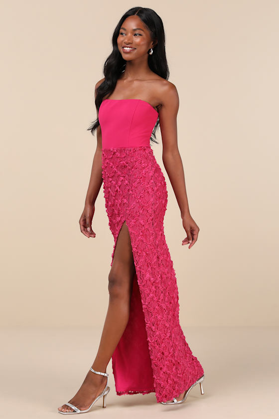 Lulus Ravishing Appeal Fuchsia 3d Floral Applique Strapless Maxi Dress In Fuchsia