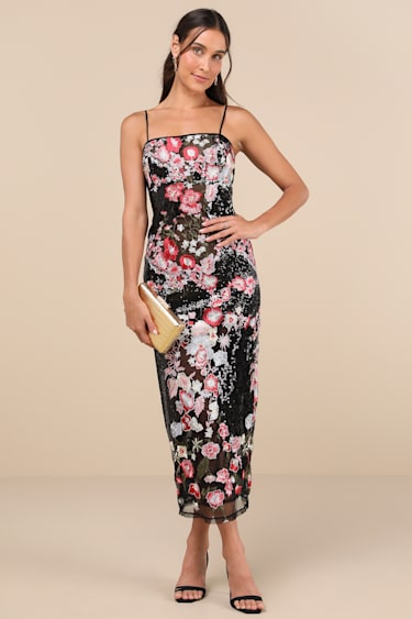 Stunning Impact Black Sheer Embroidered Floral Sequin Midi Dress